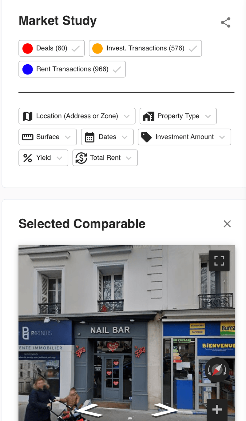 RETCO market study screen: filters for deals, investment and rent transactions, and a selected comparable with a street view photo